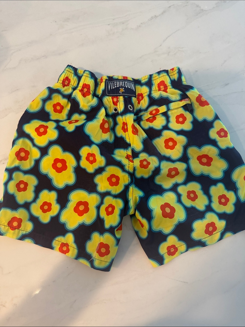 Vilebrequin Kids Navy Floral-Print Swim Shorts with Yellow & Red Flowers